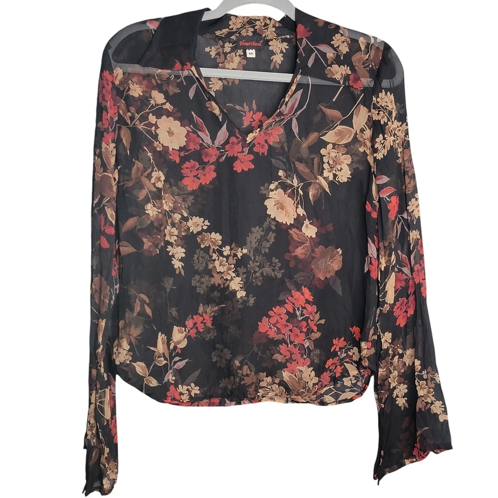 HeartSoul Vtg. Blouse Womens  Medium Black Floral Sheer Whimsygoth Dark Fairy
